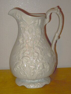 Antique 1850s White Relief PARIAN WARE England PITCHER Jug Floral Thistle